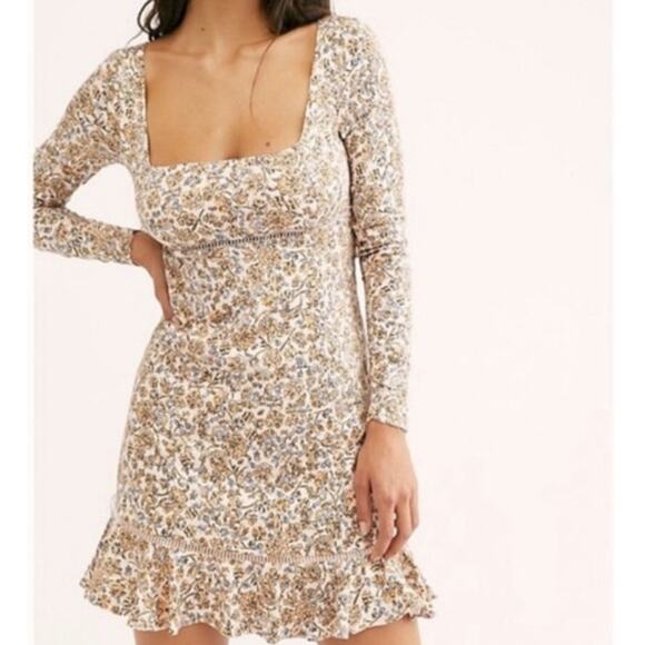 Free People Floral Boheme Dress Womens Size 6 Ivory Combo Open Back Ruffle Boho - Picture 1 of 12